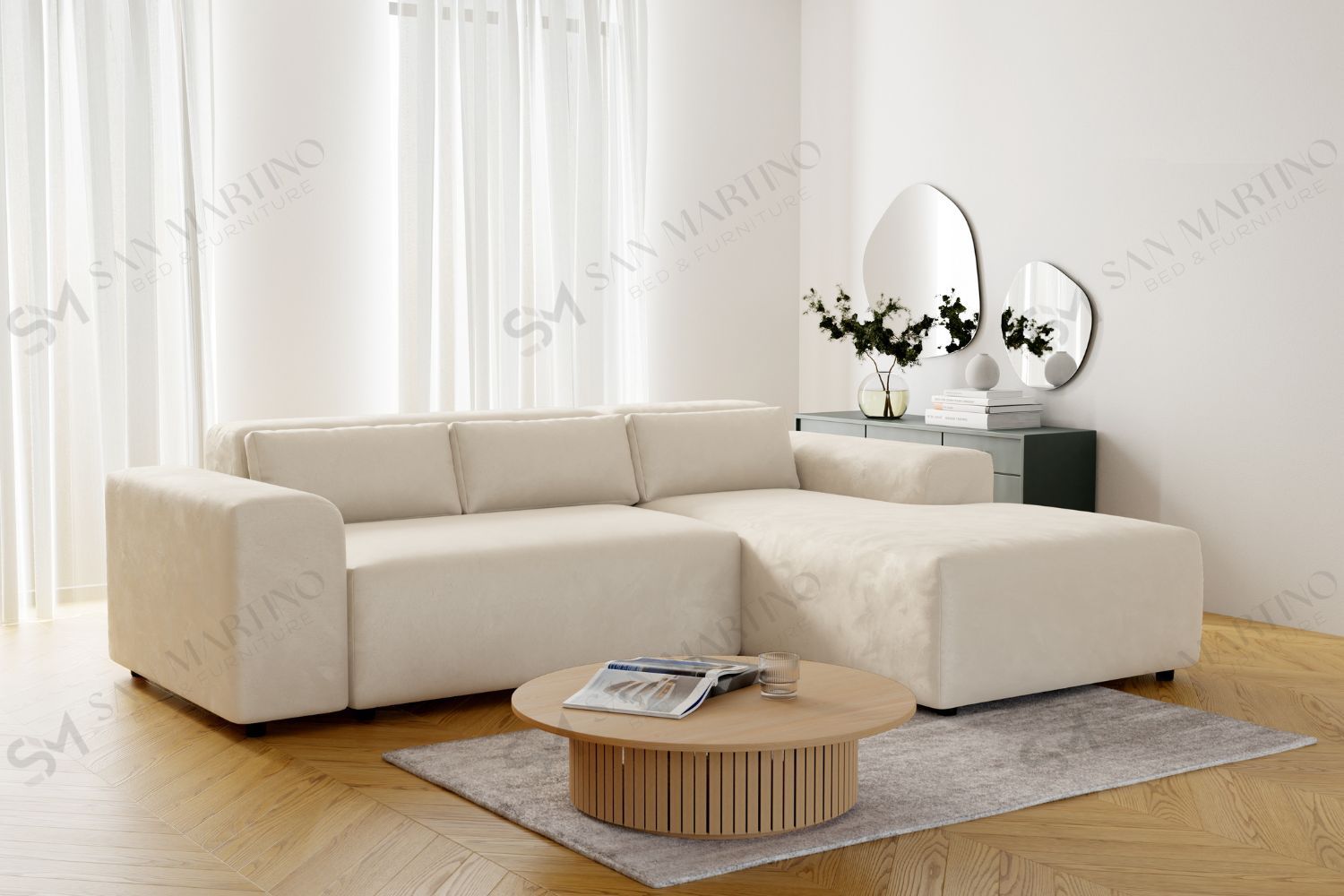 Canapé d'angle LEXUS en velours côtelé blanc écru